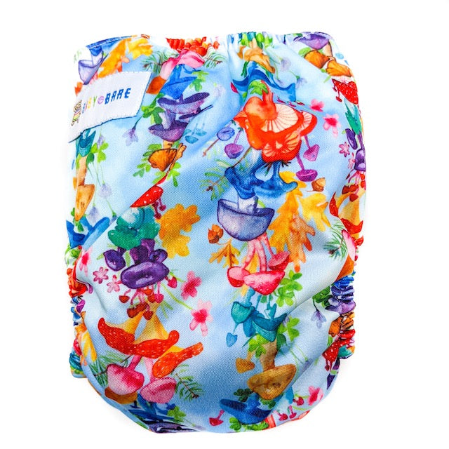 Side snapping cloth nappy featuring a mushroom print