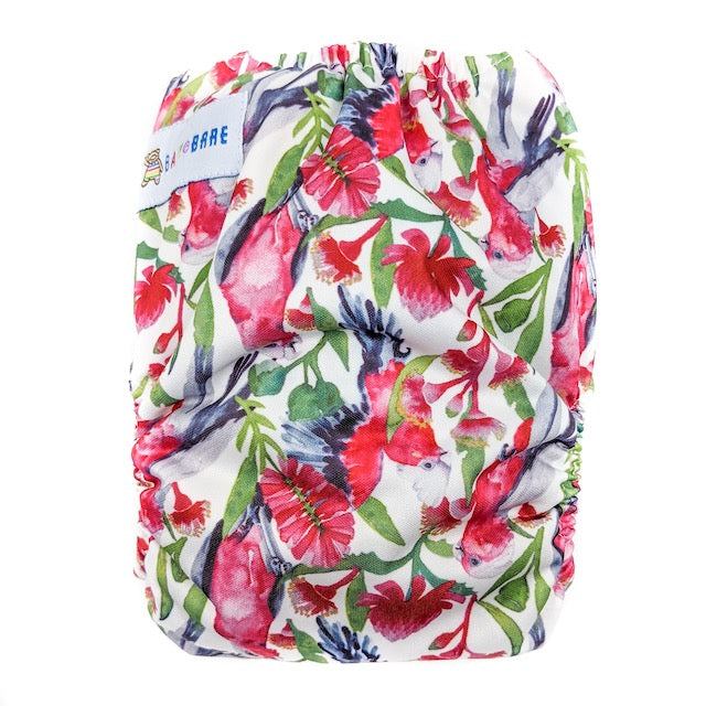 Side snapping cloth nappy featuring a galah print