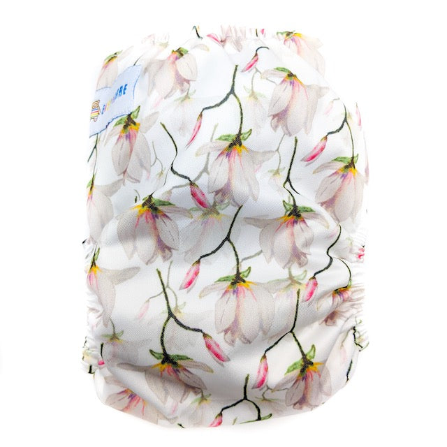 Side snapping cloth nappy featuring a floral print