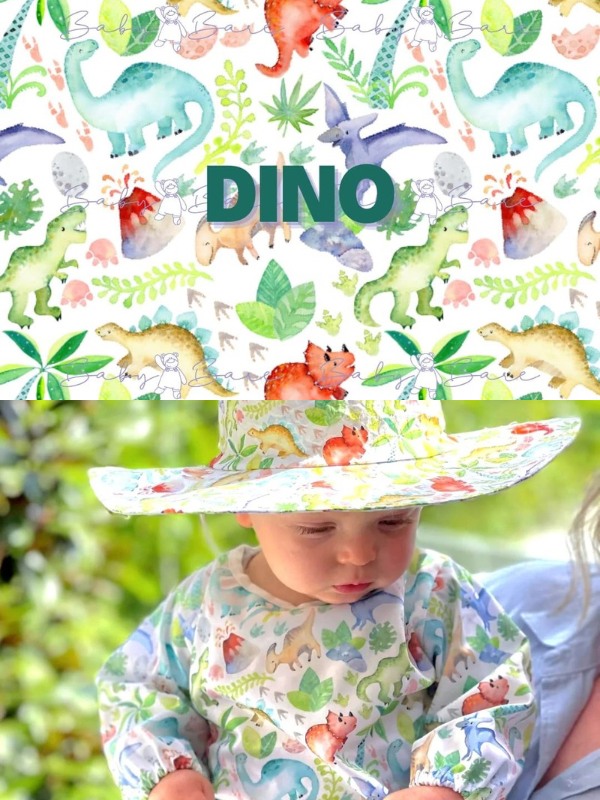 Baby feeding smock and sunhat in a dinosaur print