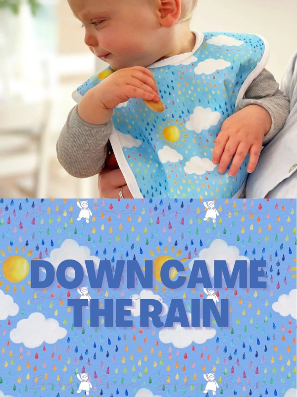 Colourful baby bib featuring raindrops and suns