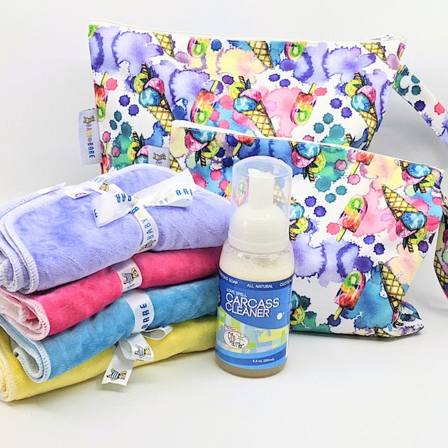 A cloth wipe kit containing cloth wipes, wet bags and cleaner product
