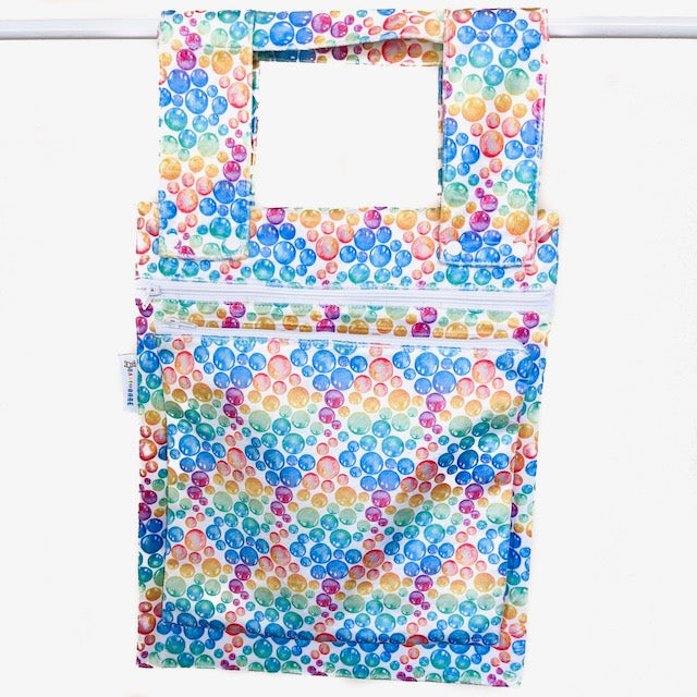 Double Wet Bag for cloth nappies in a colourful bubble print and minky fabric