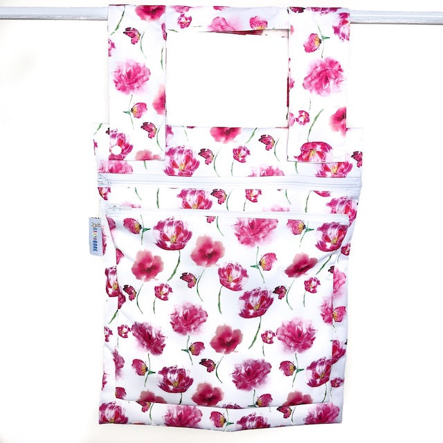 Double Wet Bag for cloth nappies in a pink butterflies print
