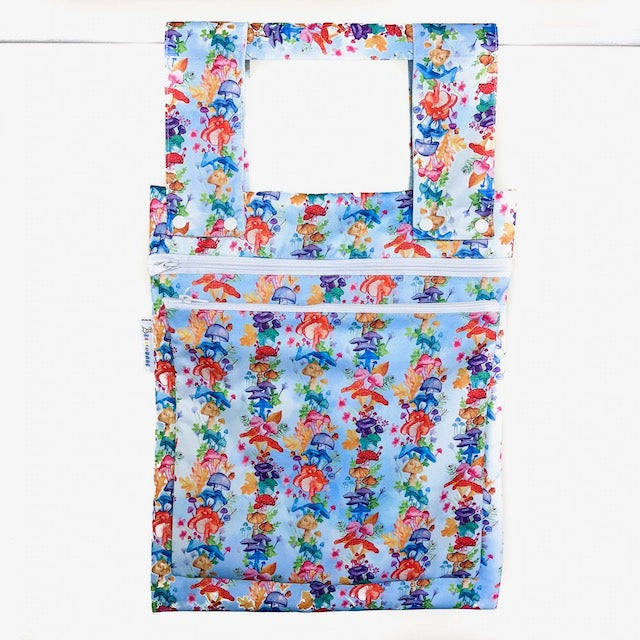 Double Wet Bag for cloth nappies in a colourful mushroom print