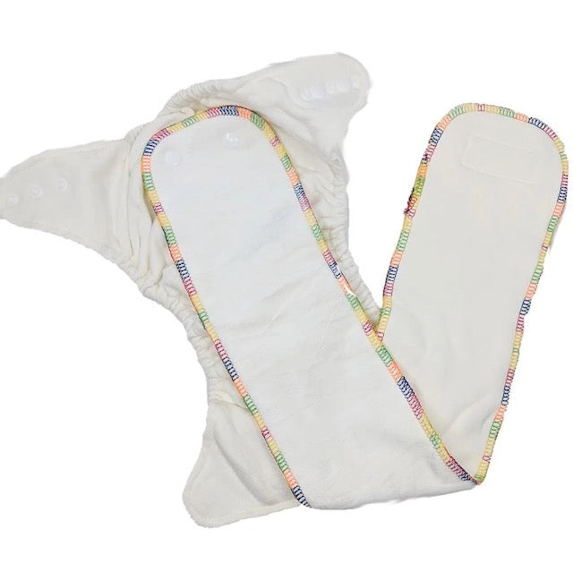 Inside a cloth night nappy showing a long bamboo insert