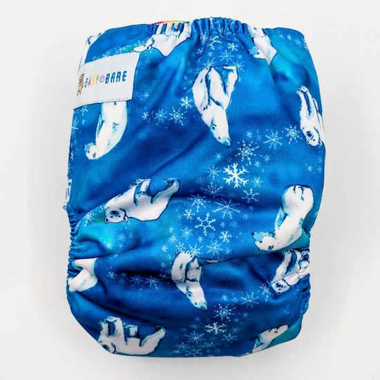 Side snapping cloth nappy featuring a polar bear print
