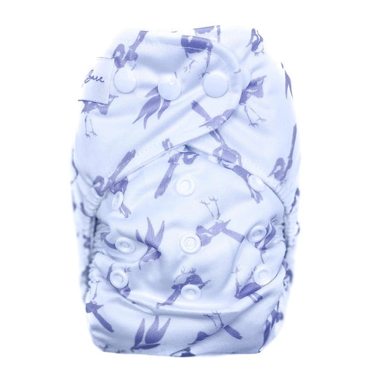 A reusable cloth nappy with lilac wrens on a white base