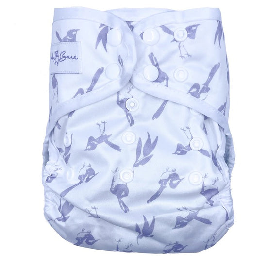 A white reusable nappy cover featuring a simple lilac wren pattern